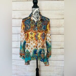 Women’s Colorful Paisley Boho Chiffon High Low Long Sleeve Button Up Shirt